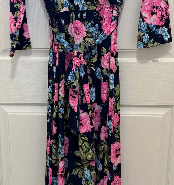 PinkBlush Maternity Pink And Blue Floral Maxi Dress with Tie - Picture 3 of 7